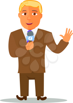 Cartoon Reporter Character with Microphone. Vector illustration