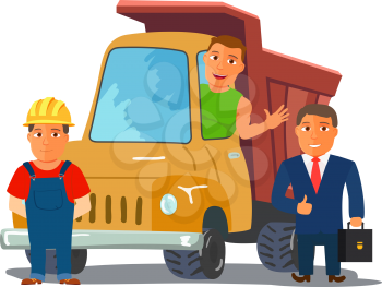 Cartoon Businesman with Truck Driver and Builder Characters. Consctruction Team. Vector illustration