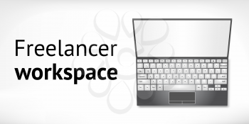 Freelancer workspace banner template with laptop, white background