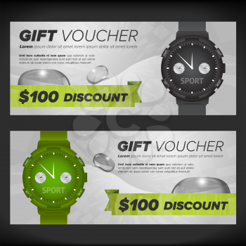 Gift voucher design template with watches and waterdrops