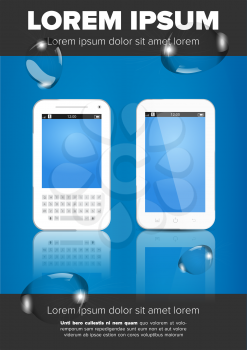 Leaflet design with mobile phones and on a blue background