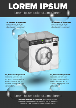 Washing machine leaflet design with blue background and sample text