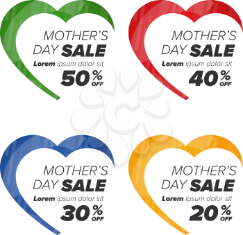 Mother day hearts icons with discount percents. Different colors 