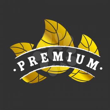 Golden premium logotype with leaves on black background
