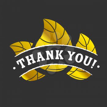 Golden Thank you badge with leaves on black background