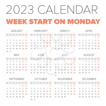 Simple 2023 year calendar, week starts on Monday