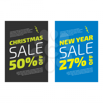 New Year and Christmas sale banners on black and blue backgrounds