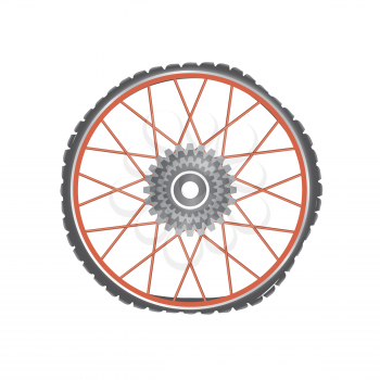 Broken metallic bicycle wheel with red spokes on a white background