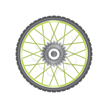 Black metallic bicycle wheel with green spokes on a white background
