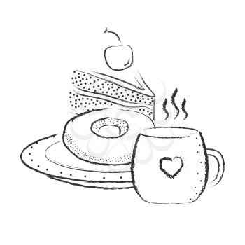 Breakfast with the cake. Vector drawing - Vector illustration