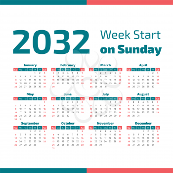 2032 Classic Calendar with the weeks start on Sunday