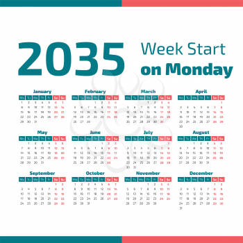 2035 Classic Calendar with the weeks start on Monday