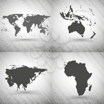 World maps set on gray background, grunge texture vector illustration.