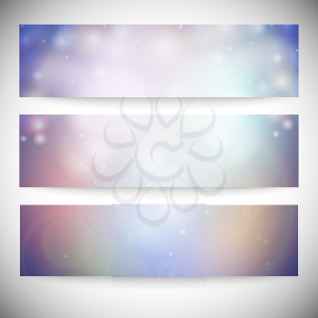 Set of horizontal banners. Abstract multicolored defocused lights background vector illustration.