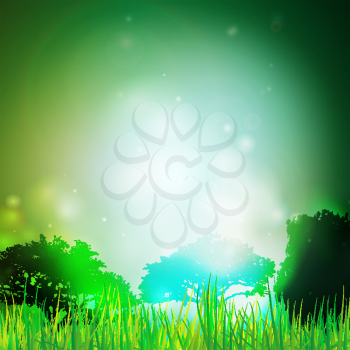 Abstract background with grass and silhouettes of trees vector illustration. Vector design for print or web.