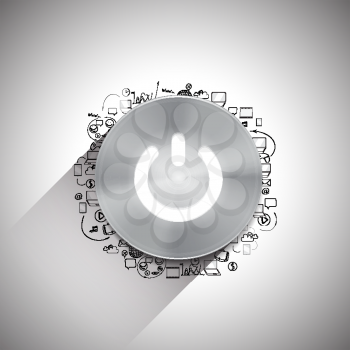 Metal power button with white light and other doodle design elements vector