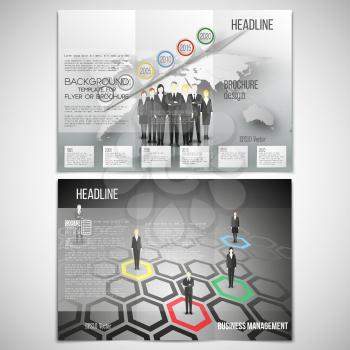 Vector set of tri-fold brochure design template. Group of a professional business team standing over gray background with timeline and world map. Vector infographic template for your design.