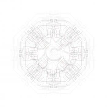  Round vector shape, technical construction with connected lines and dots, digital design pattern isolated on white.