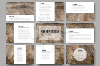 Set of 9 templates for presentation slides. Dry straw texture. Set of abstract multicolored backgrounds. Geometrical patterns. Triangular and hexagonal style vector.