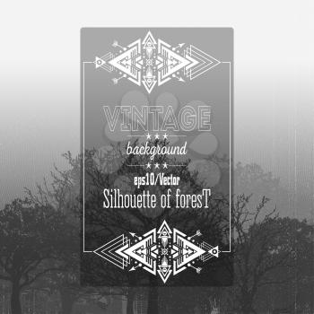 Vintage forest background with tribal style frame and place for text. Vector illustration.