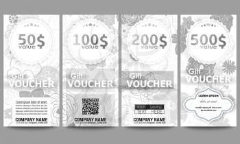 Set of modern gift voucher templates. Hand drawn floral doodle pattern, abstract vector background.