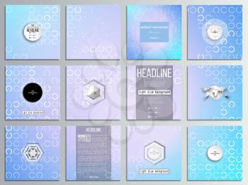 Set of 12 creative cards, square brochure template design. Abstract white circles on light blue background, vector illustration.