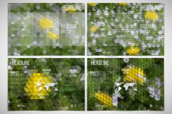 Vector set of tri-fold brochure design template on both sides. Yellow flowers on the grass. Abstract multicolored backgrounds. Natural geometrical patterns. Triangular and hexagonal style