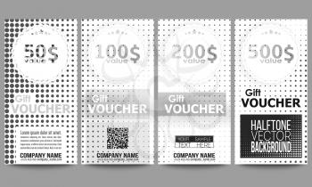 Set of modern gift voucher templates. Halftone vector background. Abstract halftone effect with black dots on white background.