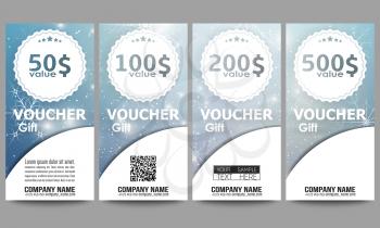Set of modern gift voucher templates. Blue abstract winter background. Christmas vector style with snowflakes.