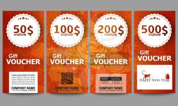 Set of modern gift voucher templates. Chinese new year background. Floral design with red monkeys, vector illustration.