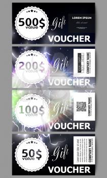 Set of modern gift voucher templates. Electric lighting effect. Magic vector background with lightning. 