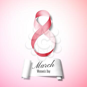 Greeting card for 8 March with banner and symbol of red ribbon. International Womens Day. Vector illustration.