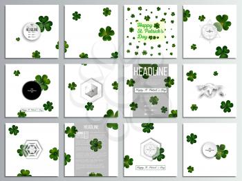 Set of 12 creative cards, square brochure template design. St Patricks day vector background, green clovers on white.