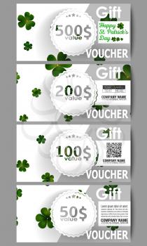 Set of modern gift voucher templates. St Patricks day vector background, green clovers on white.