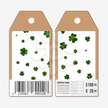 Vector tags design on both sides, cardboard sale labels with barcode. St Patricks day vector background, green clovers on white