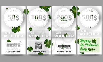 Set of modern gift voucher templates. St Patricks day vector background, green clovers on white.
