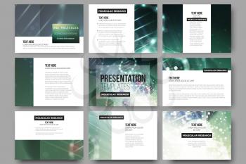 Set of 9 vector templates for presentation slides. DNA molecule structureon a green background. Science vector background.