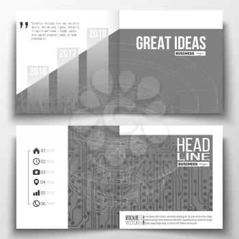 Set of annual report business templates for brochure, magazine, flyer or booklet. Microchip background, electrical circuits, construction with connected lines, scientific design pattern