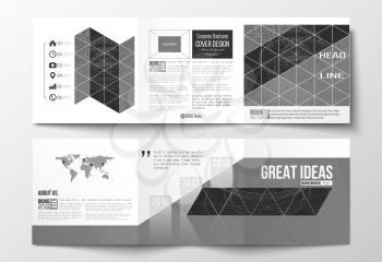 Vector set of tri-fold brochures, square design templates. Microchip background, electrical circuits, construction with connected lines, scientific design pattern, science design vector