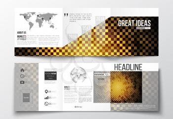 Vector set of tri-fold brochures, square design templates with element of world map and globe. Abstract polygonal background, modern stylish sguare design golden vector texture.