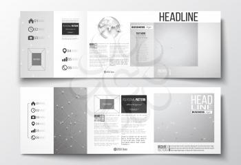 Vector set of tri-fold brochures, square design templates with element of world globe. Molecular construction with connected lines and dots, scientific or digital design pattern on gray background.