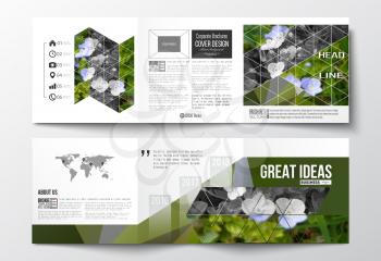 Vector set of tri-fold brochures, square design templates with element of world map. Polygonal floral background, blurred image, blue flowers in green grass closeup, modern triangular texture