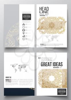 Set of business templates for brochure, magazine, flyer, booklet or annual report. Golden microchip pattern, connecting dots and lines, connection structure. Digital scientific background.