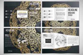 Vector set of tri-fold brochure design template on both sides with world globe element. Golden microchip pattern on dark background with connecting dots and lines, connection structure. Digital scient