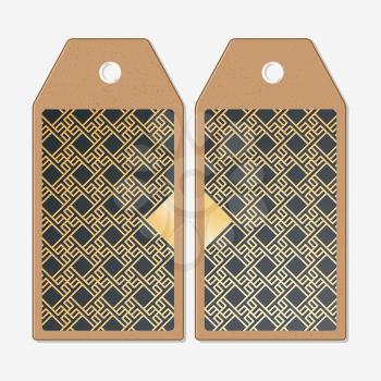 Vector tags design on both sides, cardboard sale labels. Islamic gold pattern with overlapping geometric square shapes forming abstract ornament. Vector stylish golden texture on black background.