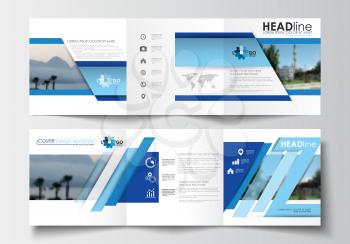 Business templates for tri-fold brochures, square design, annual report. Leaflet cover, easy editable blank, abstract blue layout, vector illustration.