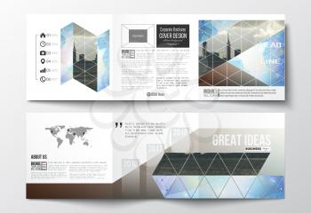 Vector set of tri-fold brochures, square design templates with element of world map. Abstract colorful polygonal backdrop with blurred image, modern stylish triangular vector texture
