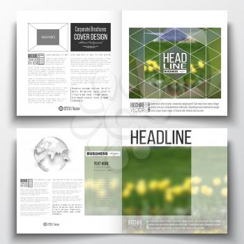 Set of annual report business templates for brochure, magazine, flyer or booklet. Colorful polygonal floral background, blurred image, yellow flowers on green, modern triangular texture.