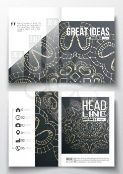 Set of business templates for brochure, magazine, flyer, booklet or annual report. Polygonal backdrop with golden connecting dots and lines, connection structure. Digital scientific background.