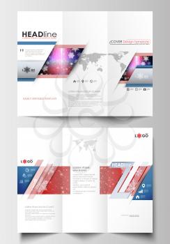 Tri-fold brochure business templates on both sides. Easy editable abstract layout in flat design. Christmas decoration, vector background with shiny snowflakes.